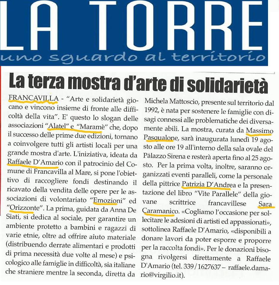 Articolo de La Torre sulla mostra d’arte di solidarietà con una personale di Patrizia D’Andrea