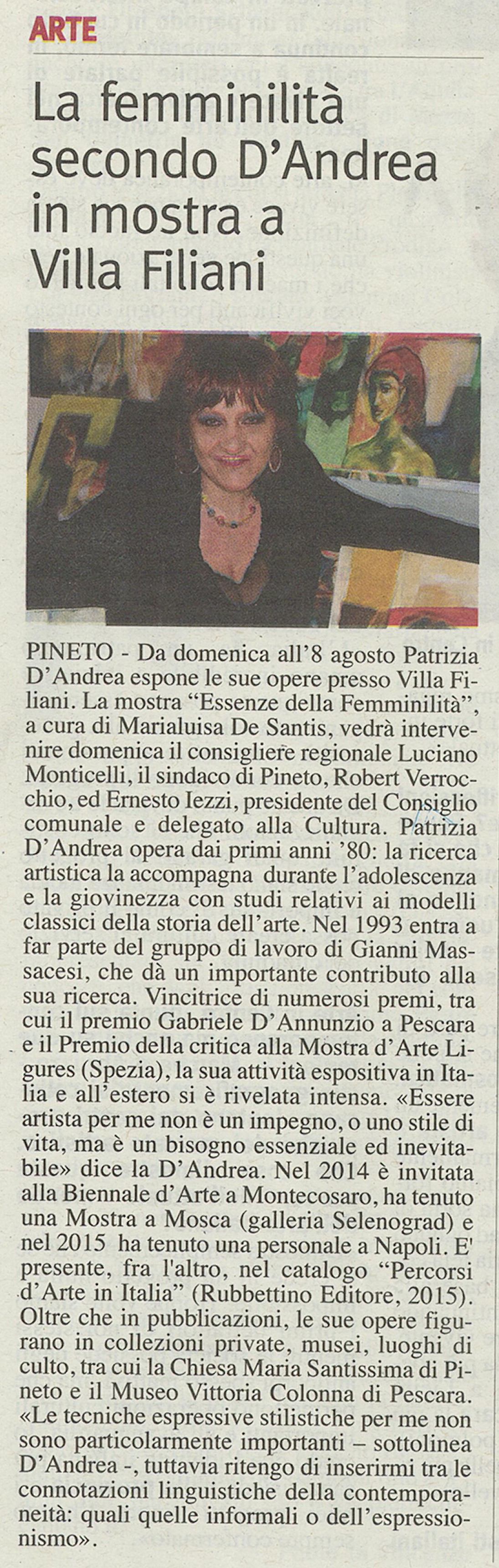 Articolo de Il Centro del 2015 sulla mostra Essenze della Femminilità di Patrizia D’Andrea a Villa Filiani