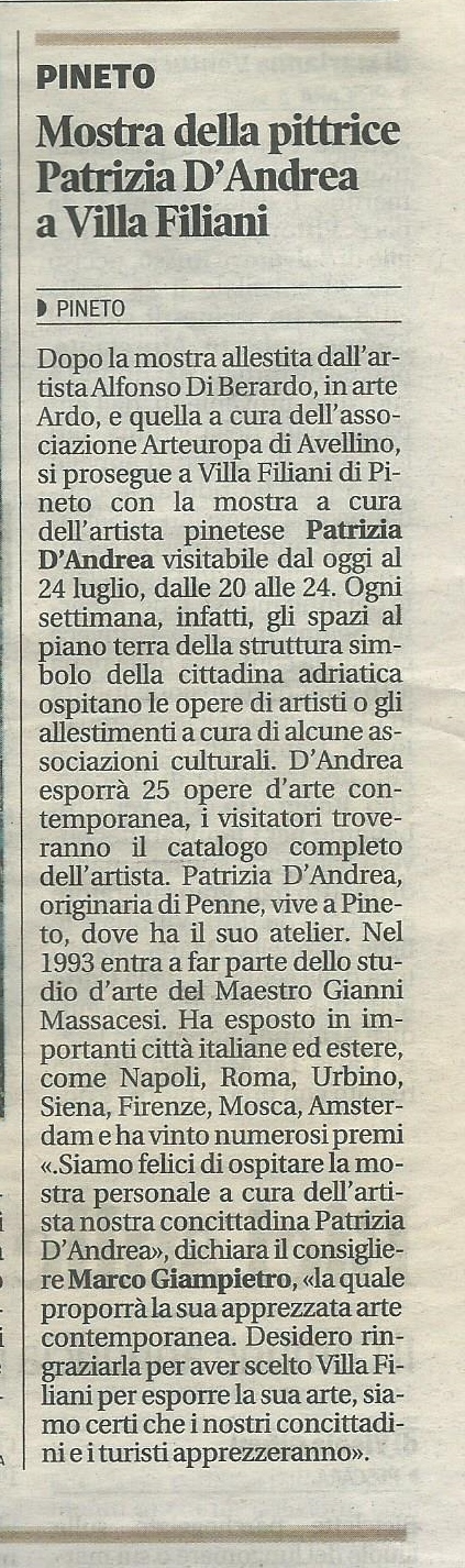 Ritaglio de Il Centro del 2020 sulla mostra di Patrizia D’Andrea a Villa Filiani di Pineto