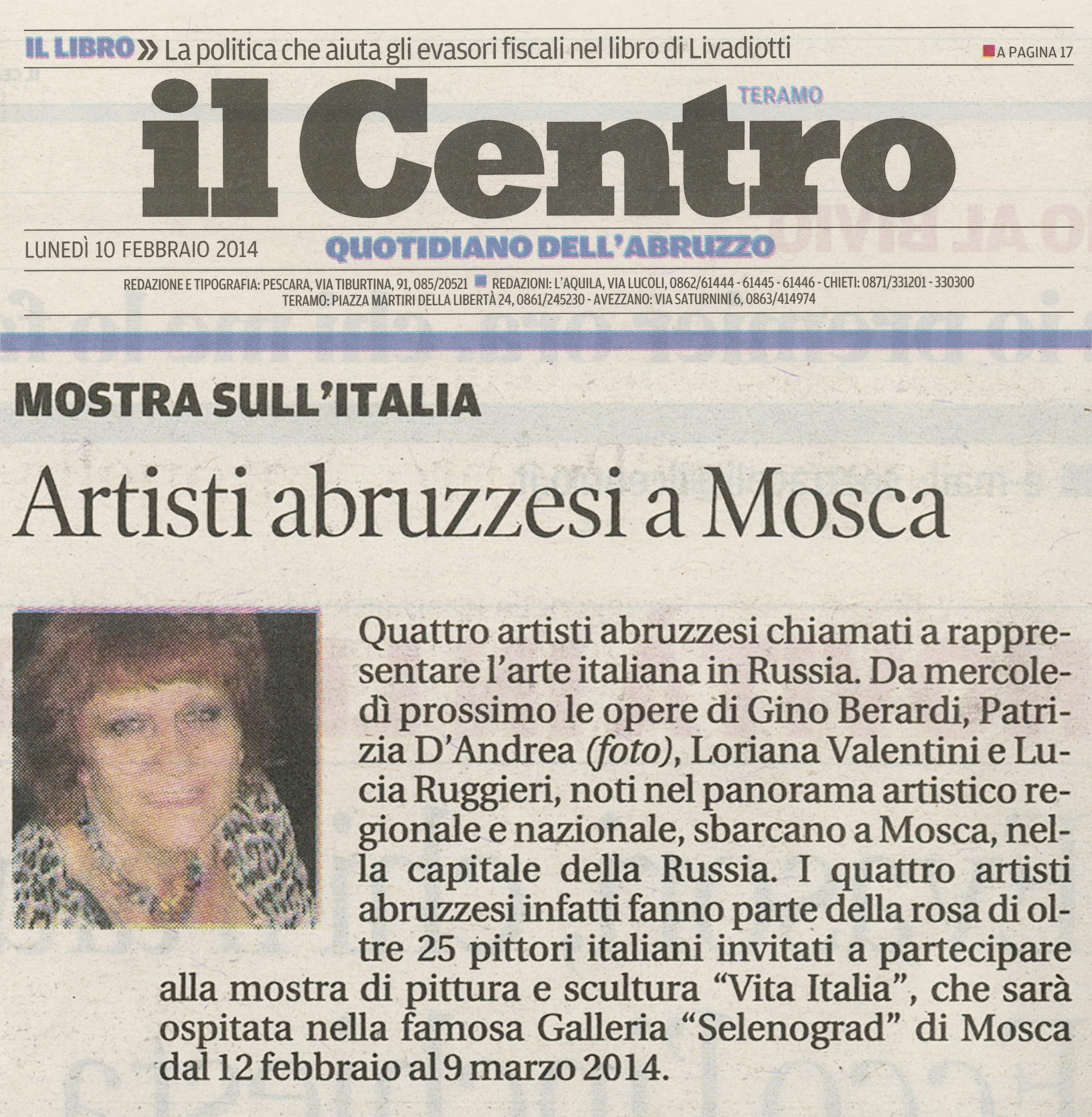 Articolo de Il Centro del 10 febbraio 2014 sulla partecipazione di Patrizia D’Andrea alla mostra Vita Italia a Mosca