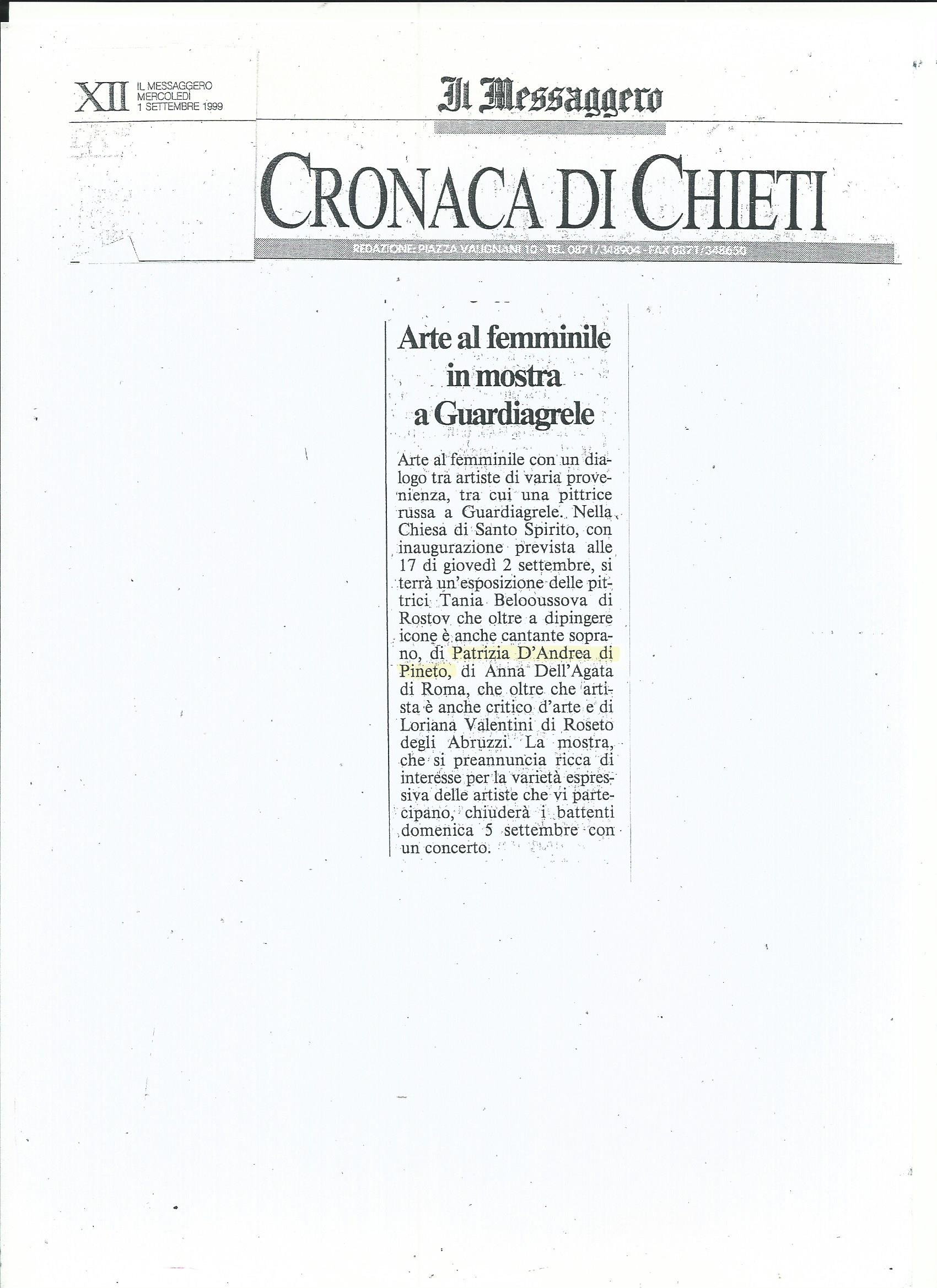 Articolo de Il Messaggero del 1 settembre 1999 sulla mostra Arte al femminile a Guardiagrele con Patrizia D’Andrea