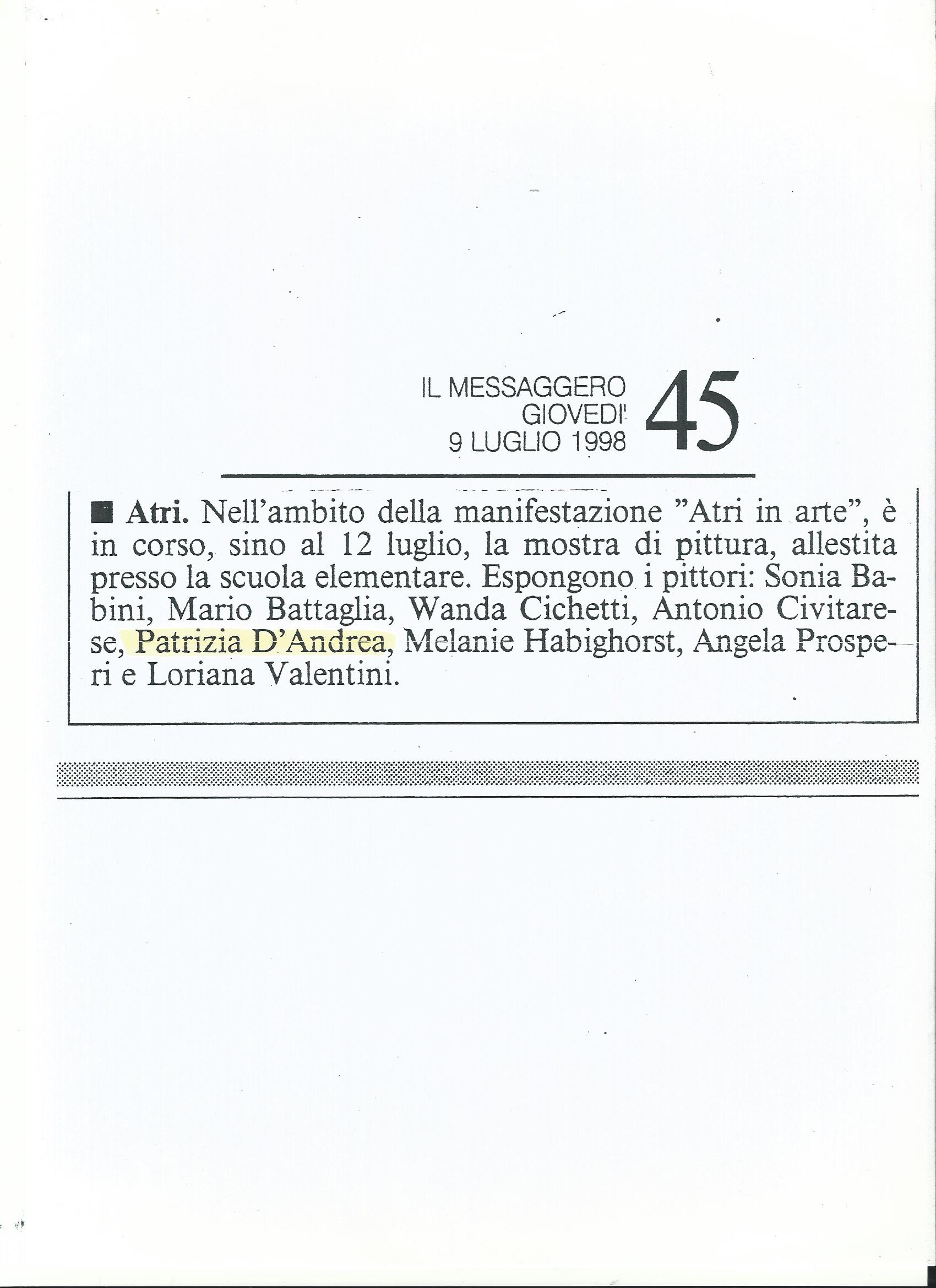 Ritaglio de Il Messaggero del 9 luglio 1998 sulla mostra Atri in arte con Patrizia D’Andrea