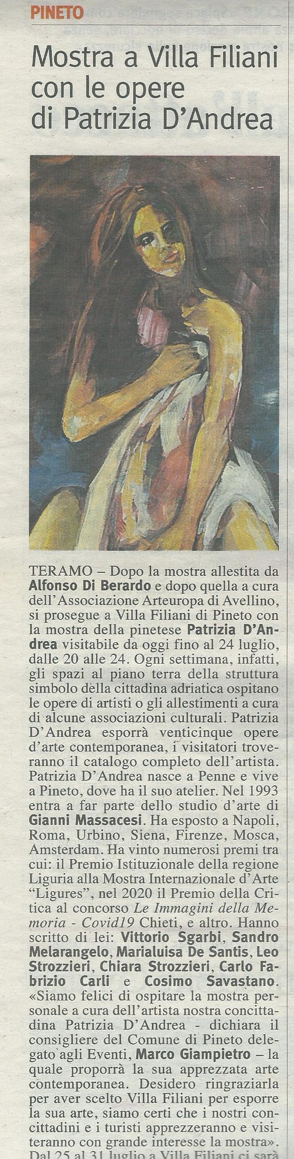 Ritaglio di giornale del 2020 sulla mostra di Patrizia D’Andrea a Villa Filiani di Pineto