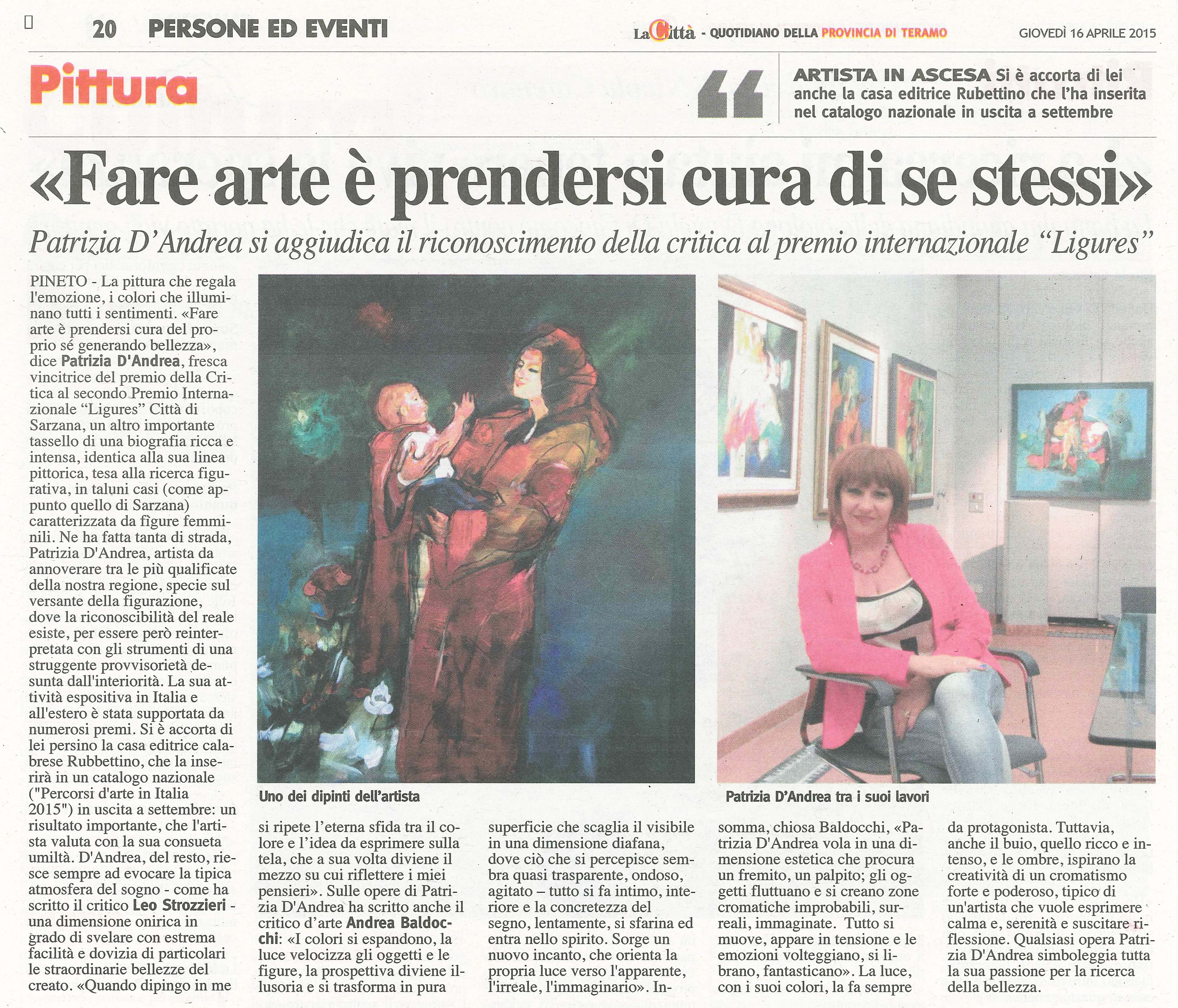 Articolo de La Città del 16 aprile 2015 dedicato a Patrizia D’Andrea e al premio internazionale Ligures