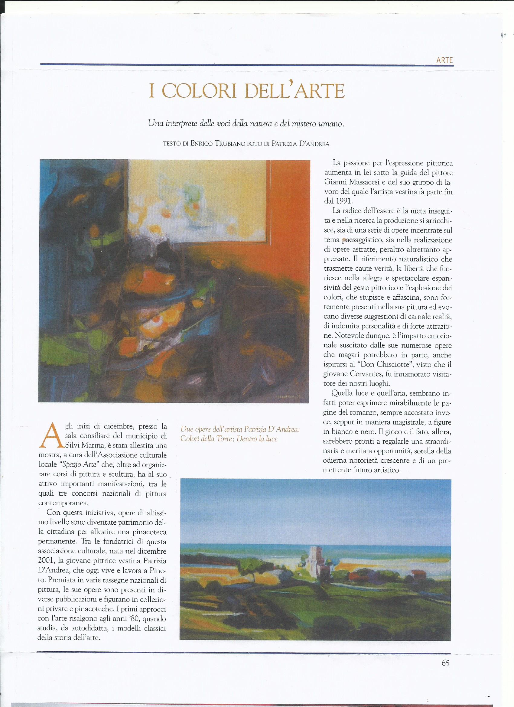 Articolo del 2006 dedicato alla pittura di Patrizia D’Andrea e alle opere I colori della Torre e Dentro la luce