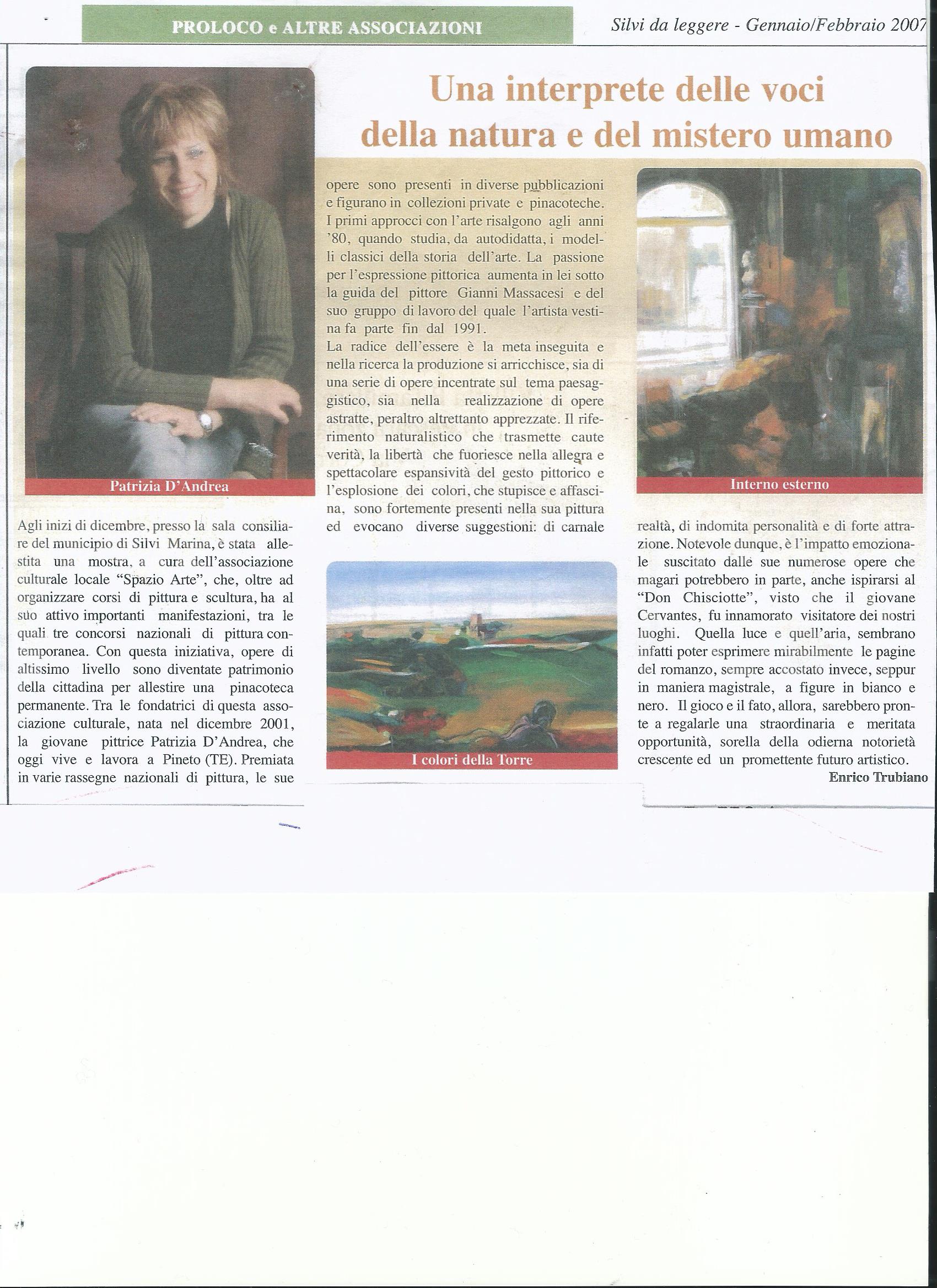 Articolo di Silvi da leggere del 2007 dedicato alla pittrice Patrizia D’Andrea