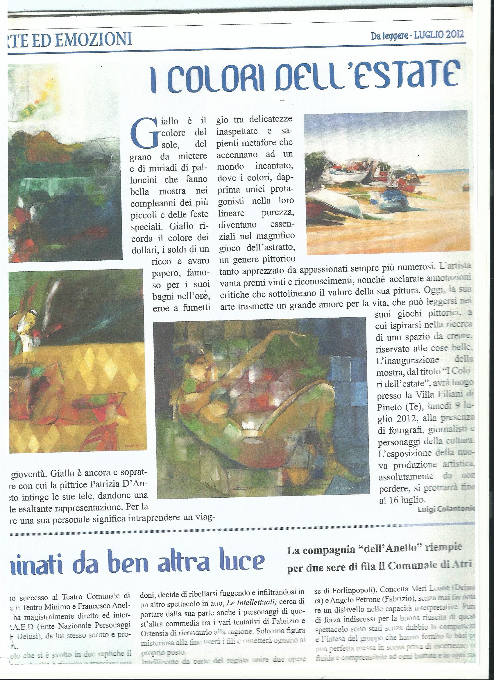 Articolo del luglio 2012 sulla mostra I colori dell’estate di Patrizia D’Andrea a Villa Filiani