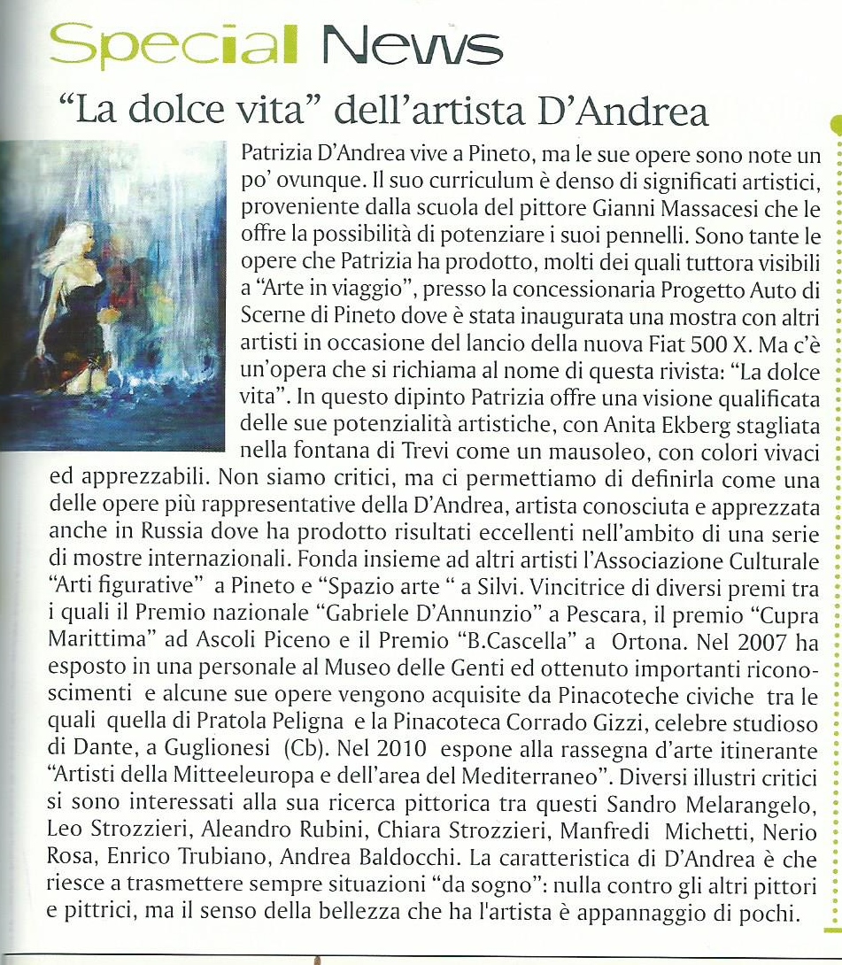 Articolo del 2014 dedicato alla pittrice Patrizia D’Andrea e all’opera La dolce vita