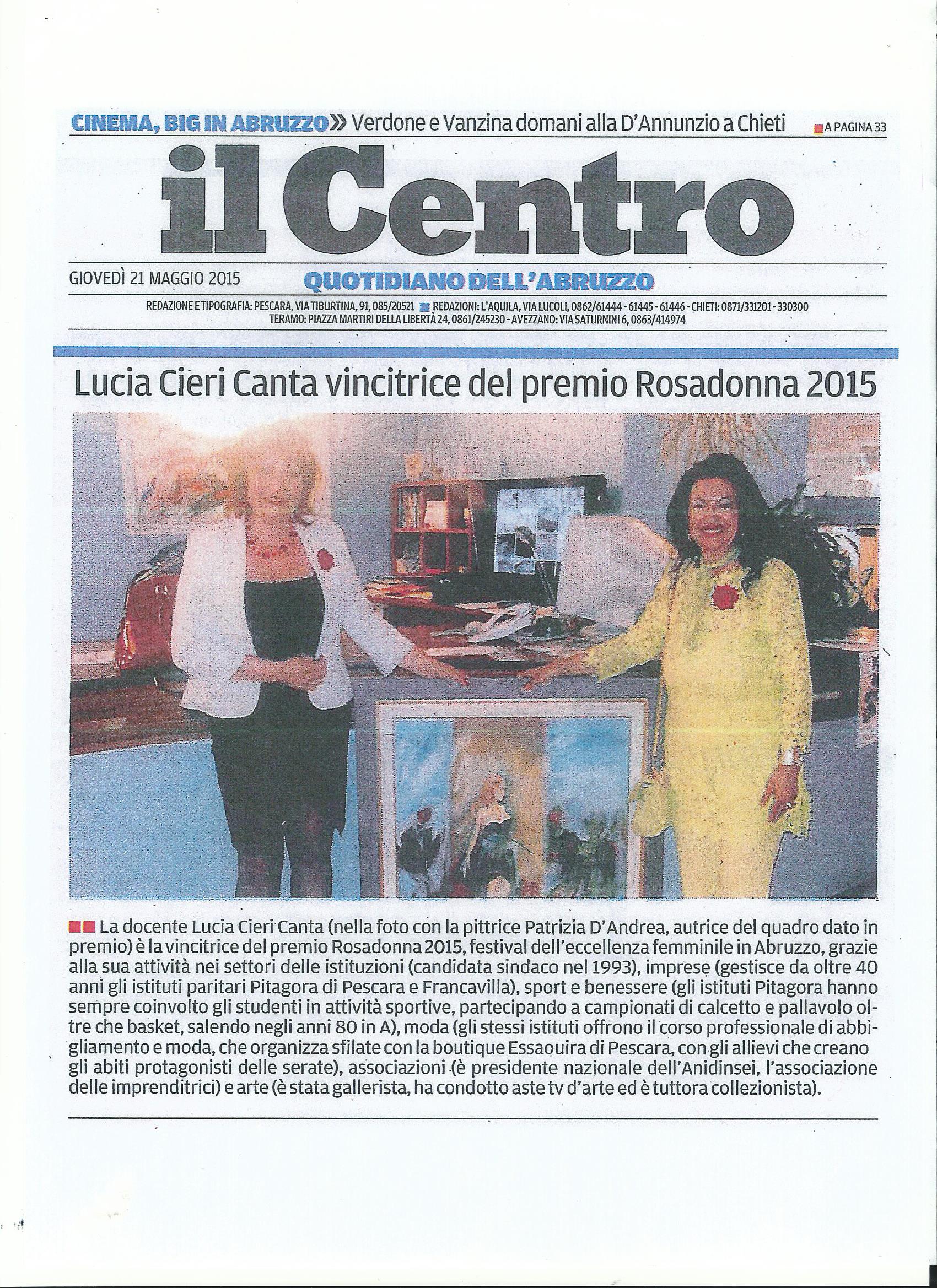 Articolo de Il Centro del 21 maggio 2015 con Lucia Cieri Canta e Patrizia D’Andrea