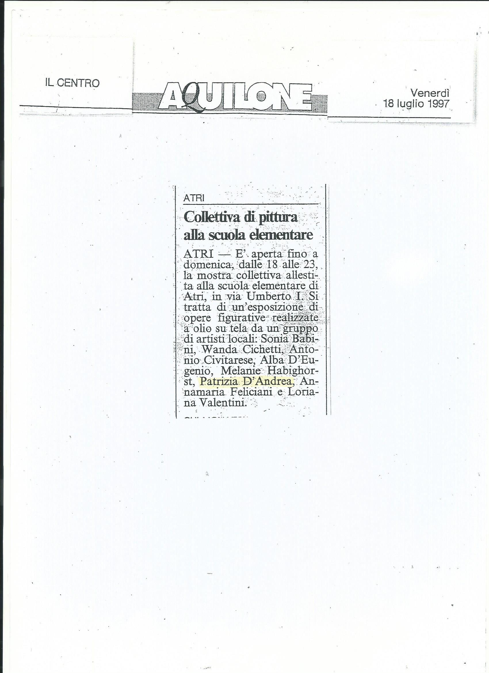 Articolo de Il Centro del 18 luglio 1997 sulla collettiva di pittura ad Atri con Patrizia D’Andrea