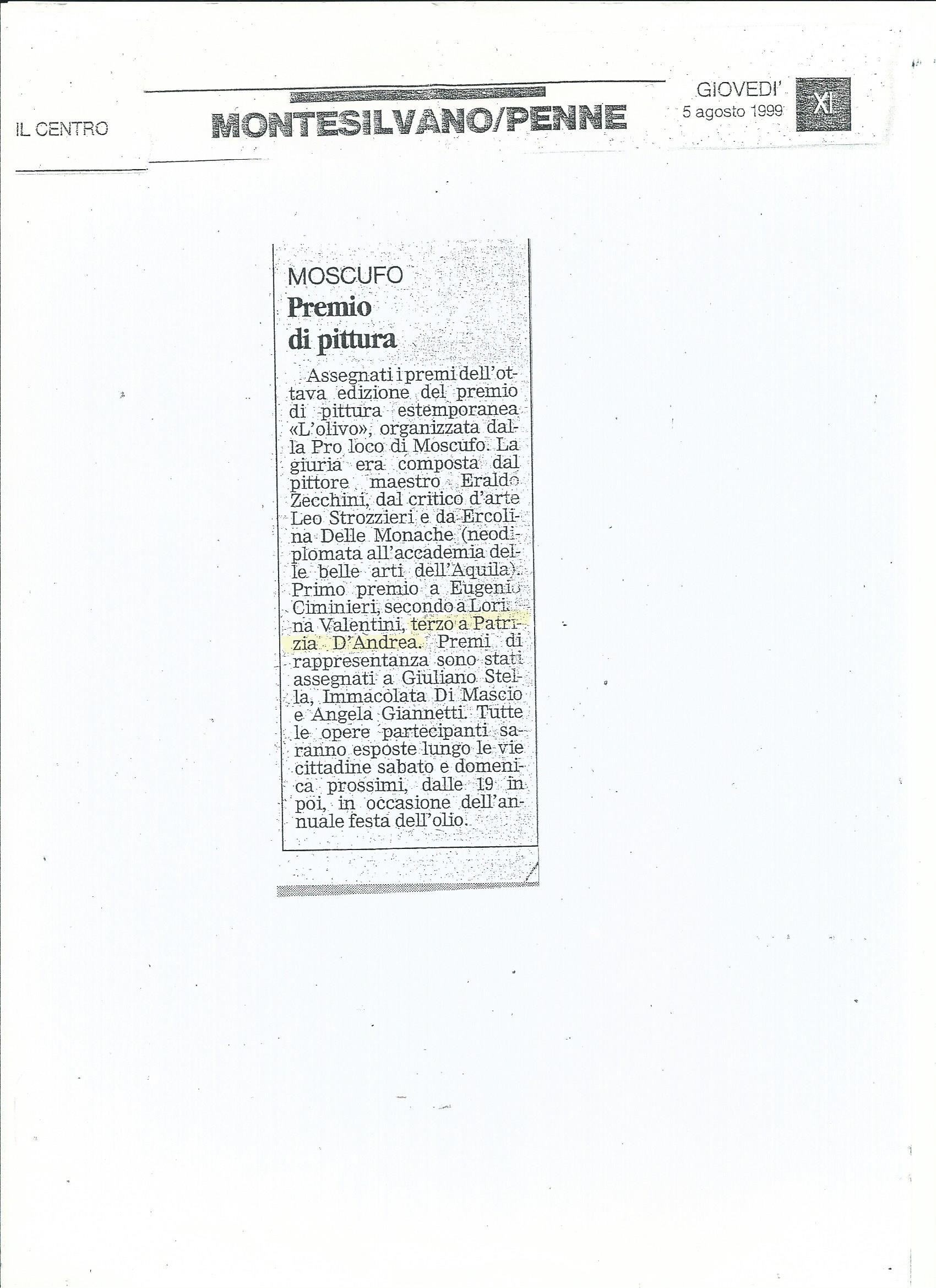 Articolo de Il Centro del 5 agosto 1999 sul premio di pittura L’olivo di Moscufo