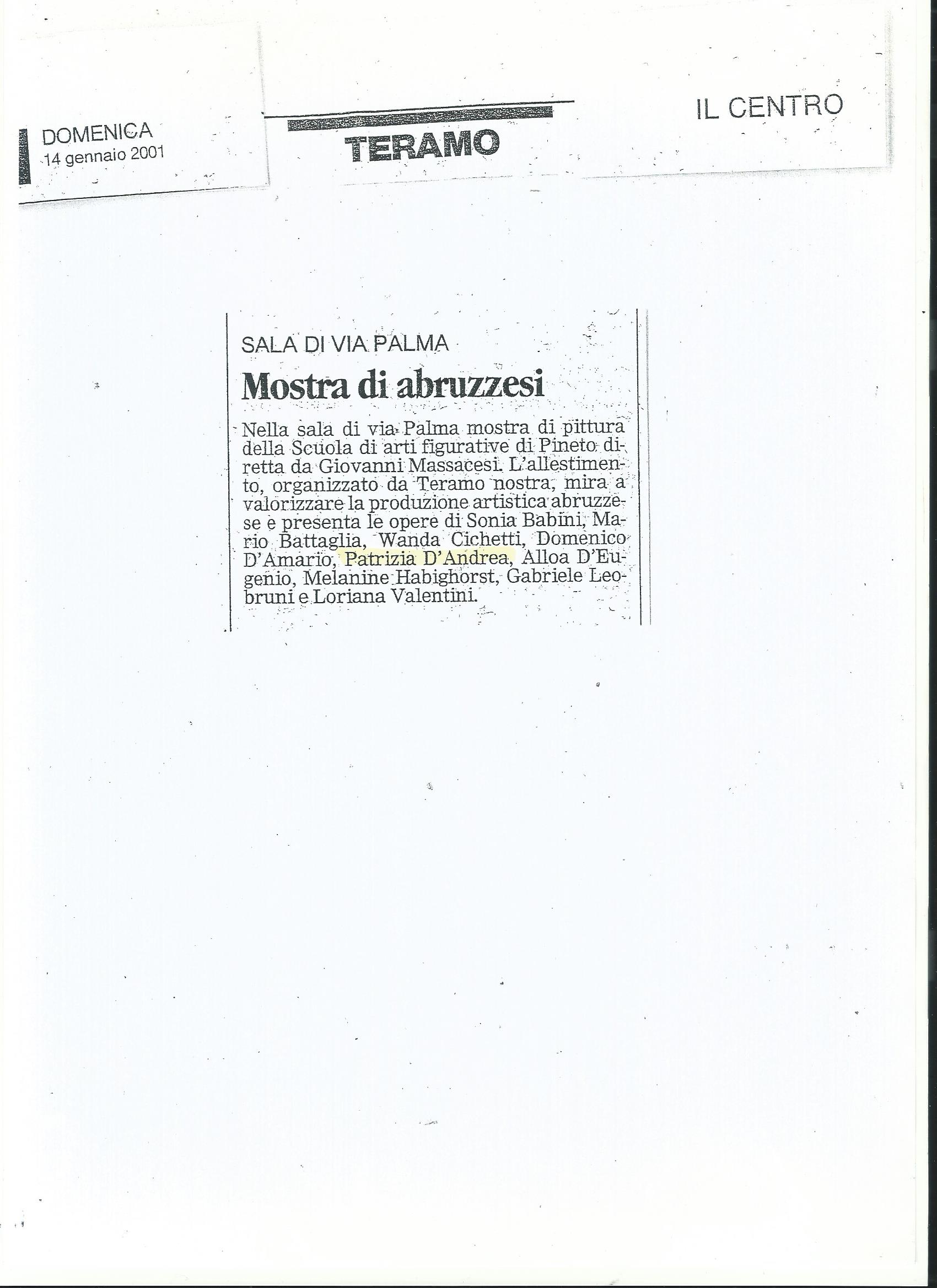 Articolo de Il Centro del 14 gennaio 2001 sulla mostra di artisti abruzzesi con Patrizia D’Andrea