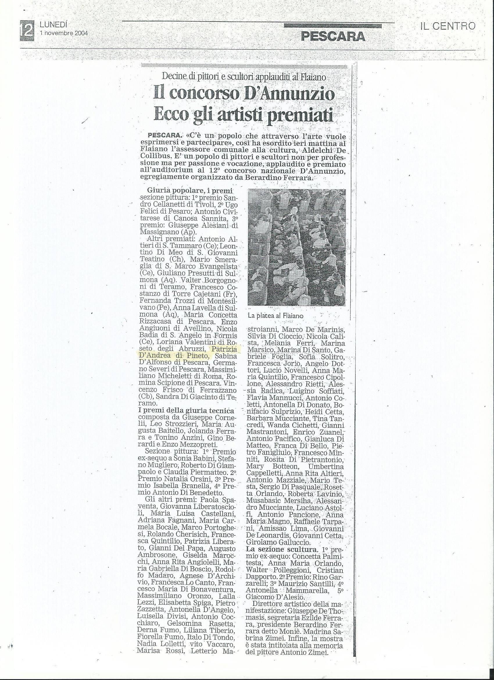 Articolo de Il Centro del 1 novembre 2004 sul concorso nazionale D’Annunzio con Patrizia D’Andrea